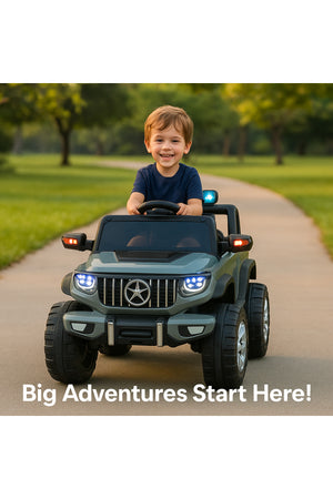 Urban Tots Luxury G-Class Ride-On Jeep for Kids – 12V Battery, Dual Motor, Music, LED Lights & Remote Control – Rechargeable Electric Car – Grey