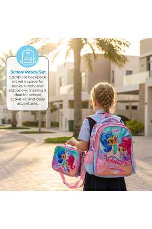MOON Licensed  SHIMMER & SHINE  3 in 1 Kids Backpack Set  - (16-Inch) Premium Kids School Bag with Lunch Bag & Pencil Case-Pink&Blue