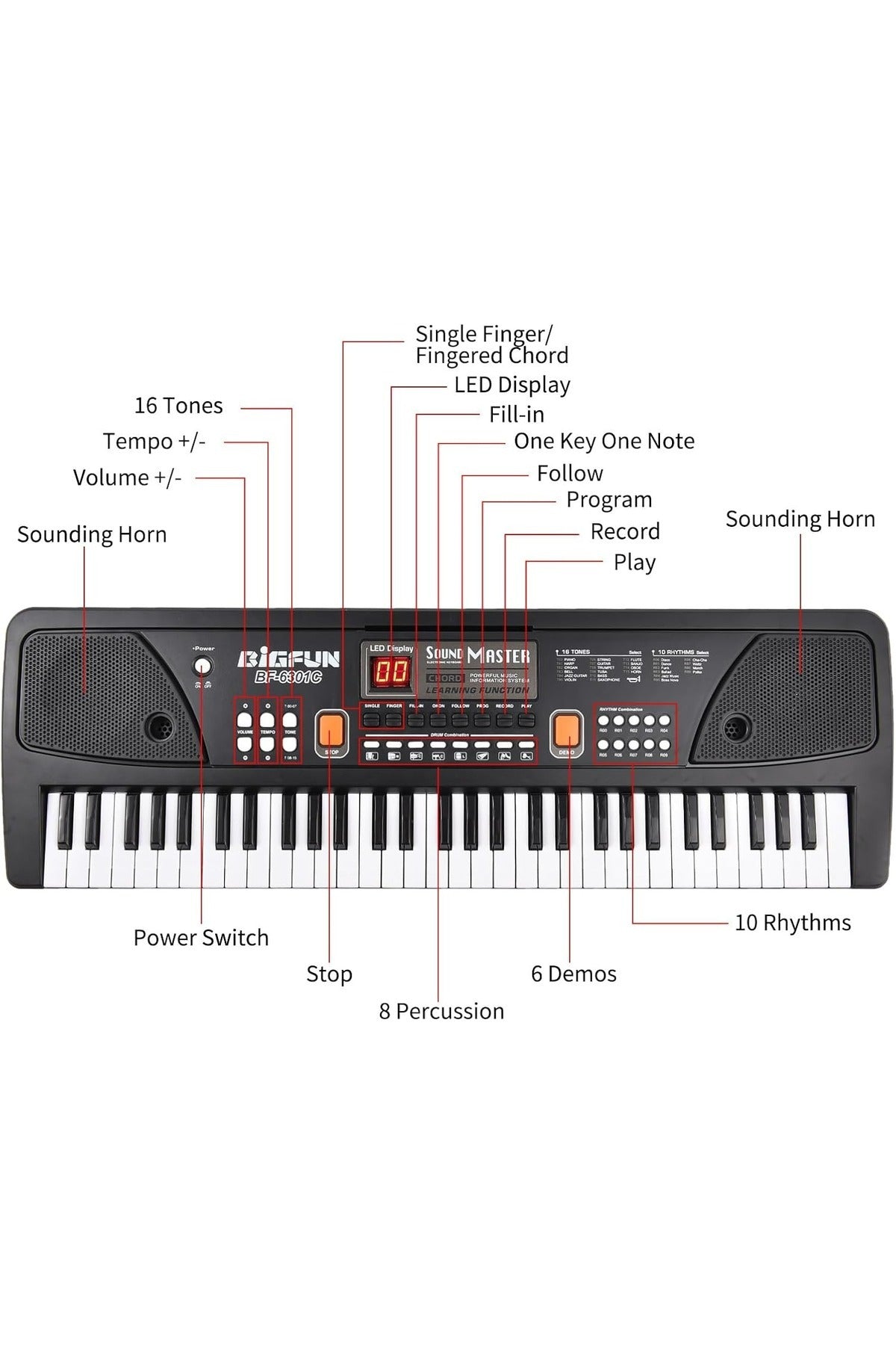 Urban Tots Bigfun Multi-Functional Piano 630 – 61 Full-Sized Keys, Lcd Display, Built-In Microphone, 50+ Sound Effects & 20 Songs-Black