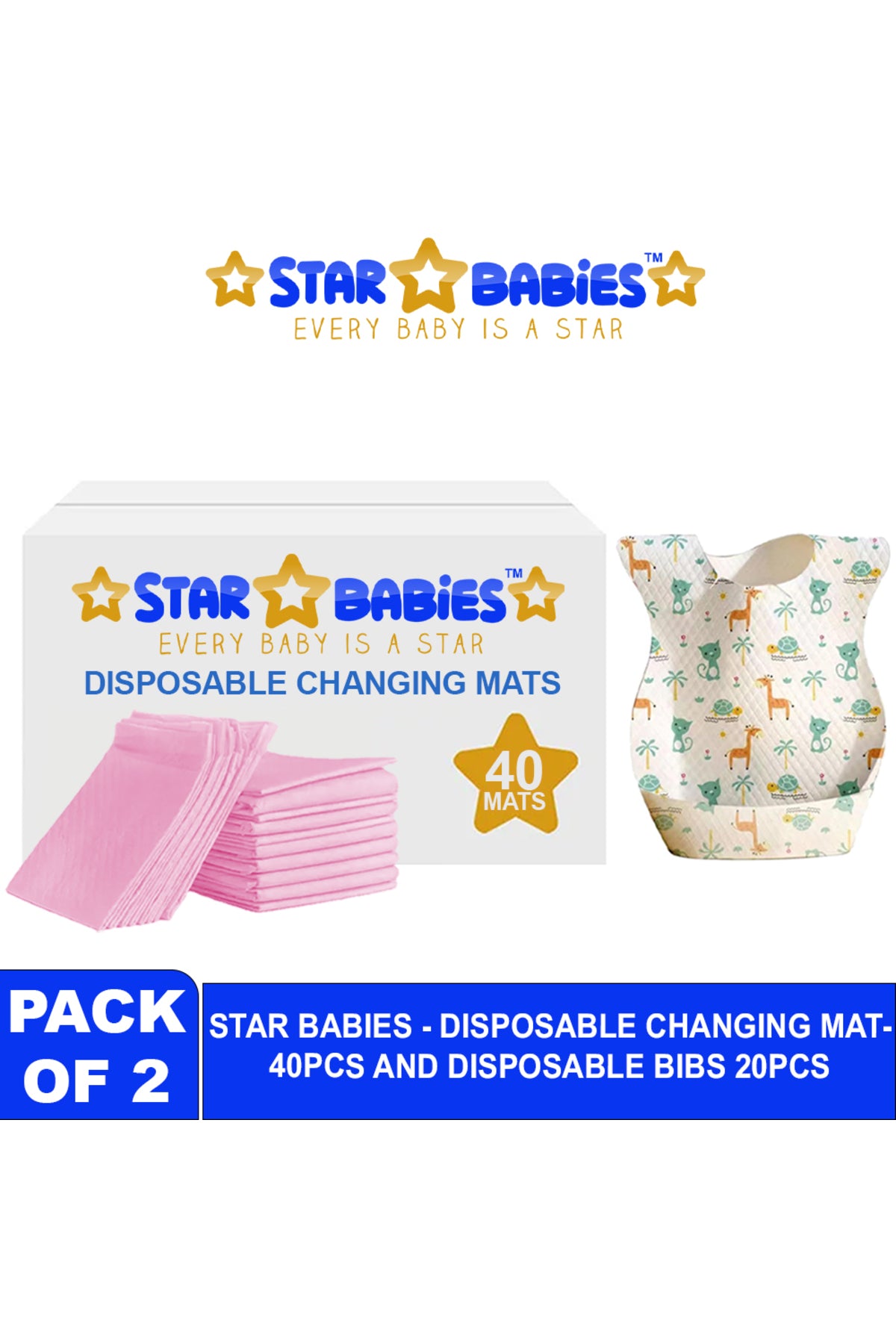 Star Babies - Disposable Changing Pads With Kids Disposable Paper Bibs With Catcher 60Pc Set - Pink