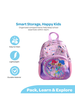 MOON Licensed Shimmer and Shine 3 in 1 KidsBackpack Set  - (13-Inch) Premium Kids School Bag with Lunch Bag & Pencil Case-Purple
