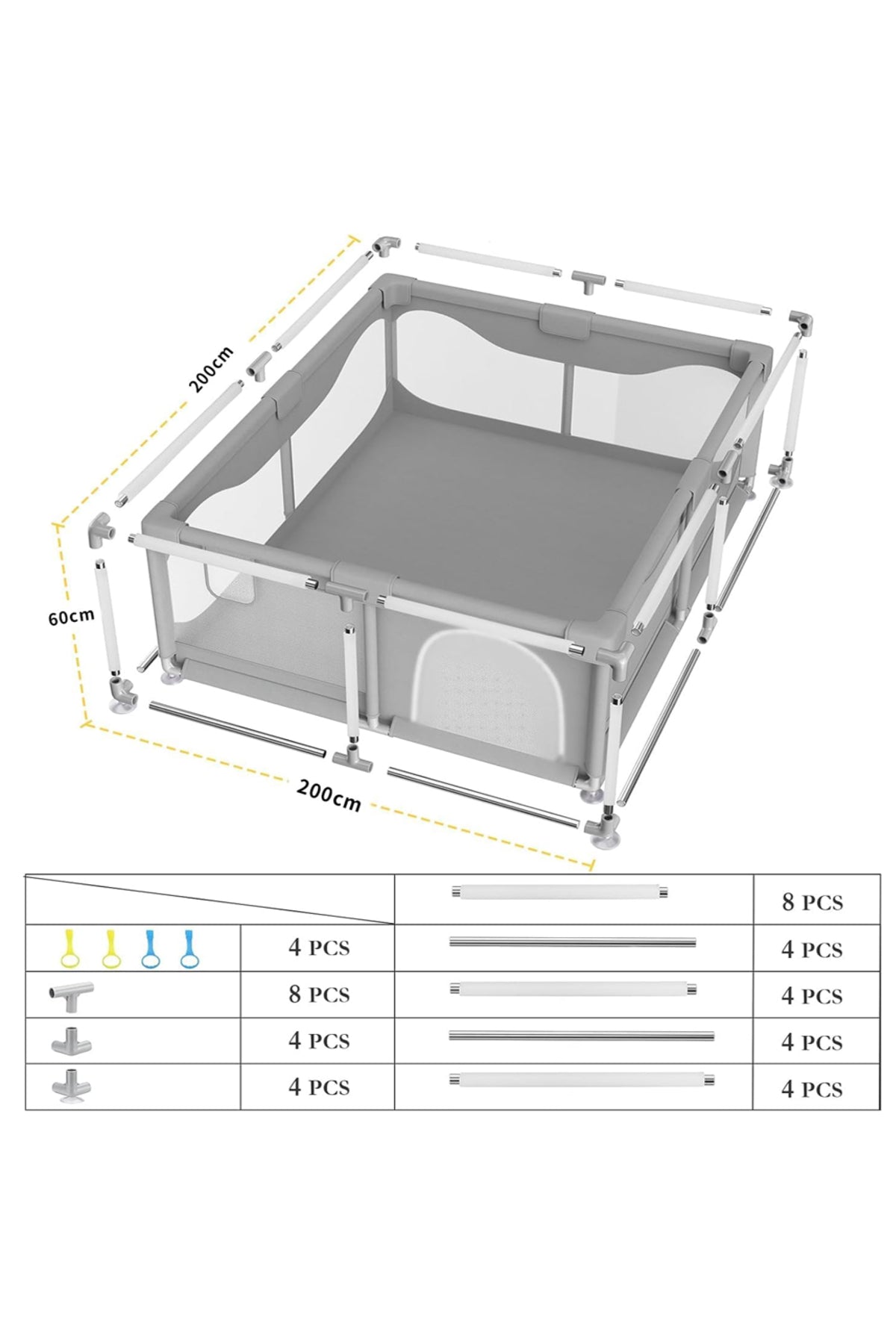 Star Babies - Baby Playpen With 4 Pull-Up Rings - Dark Grey - 200 x 200 cm