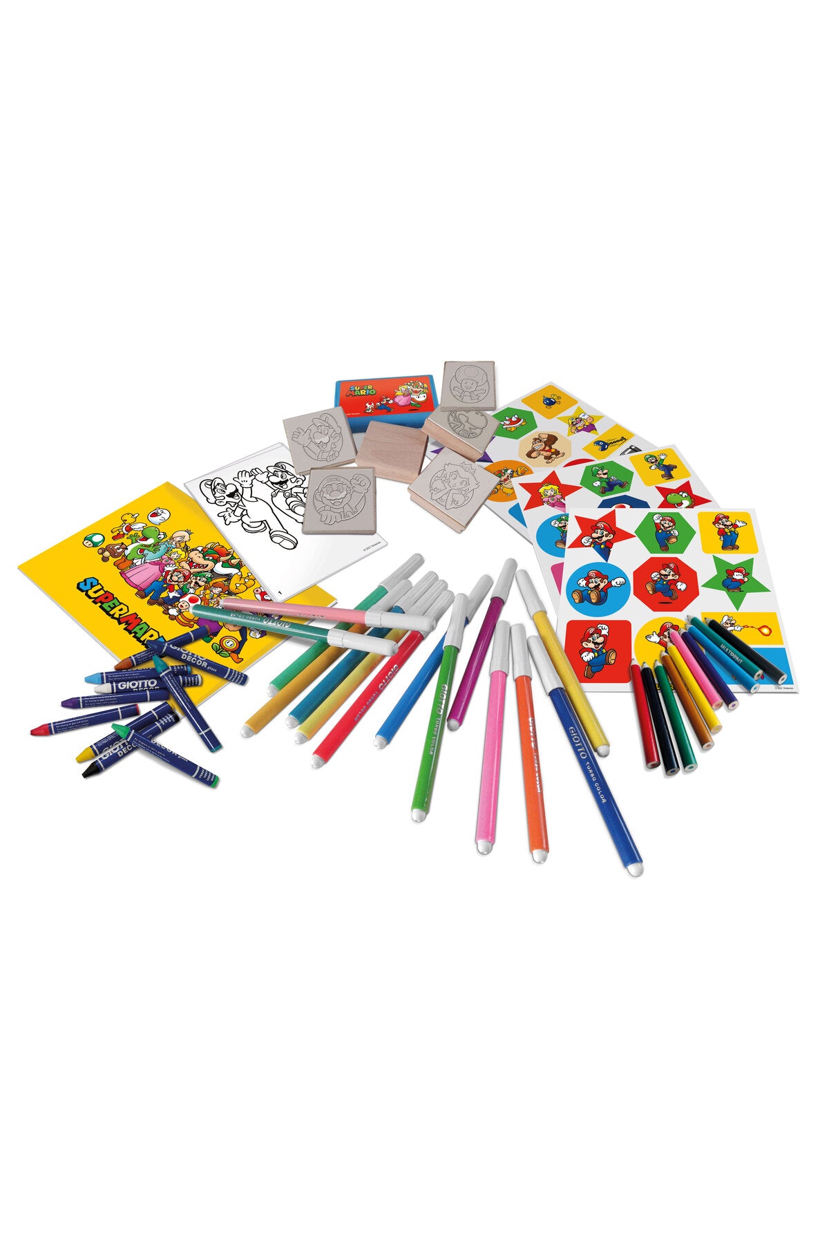 Super Mario Giant Art & Craft Set – 60 Washable Markers, 10 Pencil Crayons, 10 Wax Crayons, 6 Stamps, Ink Pad, Coloring Book, Notebook & 30 Stickers – Kids Creative Activity Kit