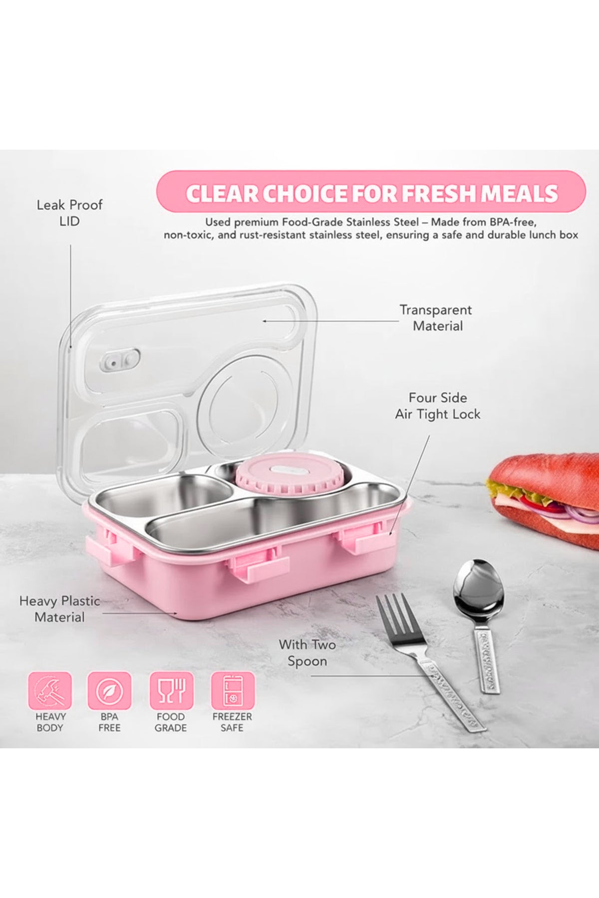 Star Babies - 4 Compartments Stainless Steel Bento Lunch Box - Pink