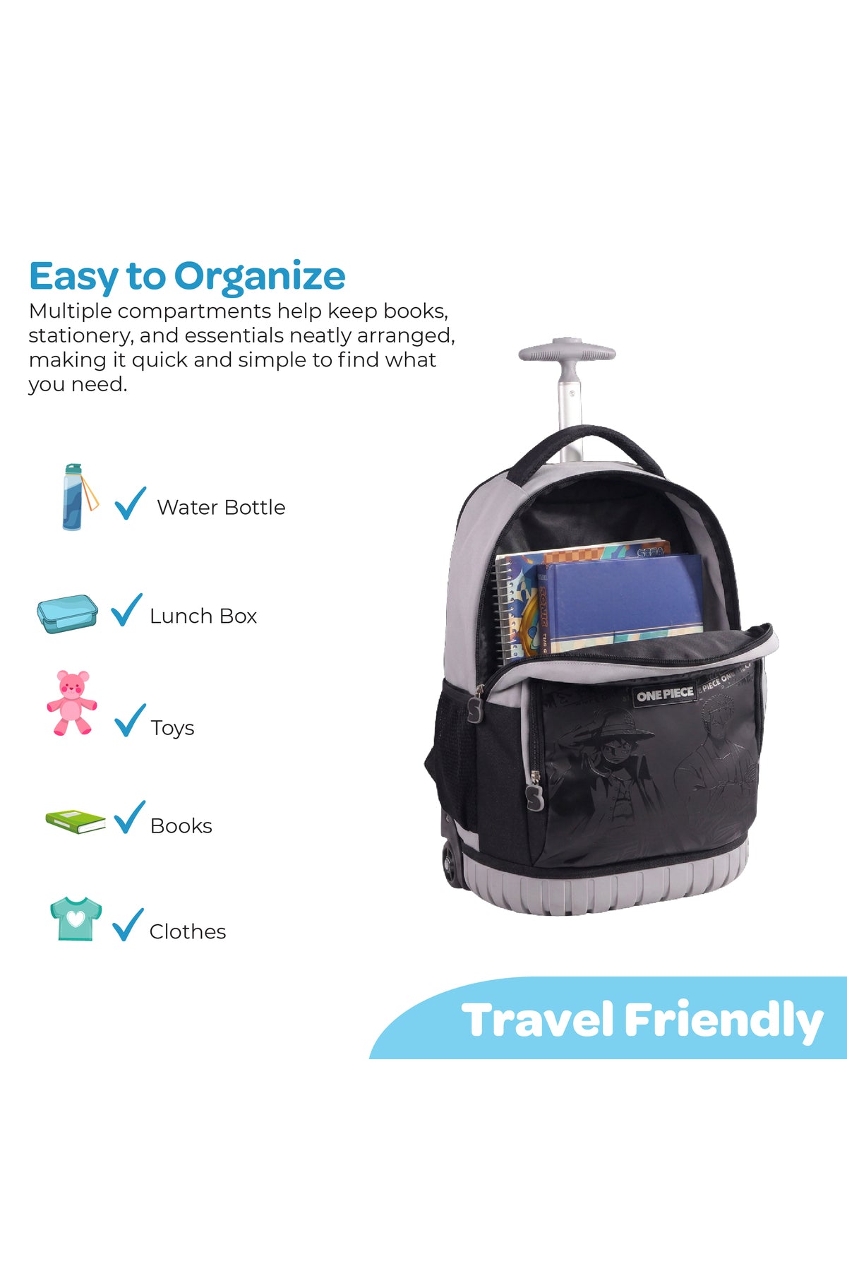 MOON Licensed One Piece 3 in 1 Kids Trolley Set   - (18-Inch) Premium Kids School Bag with Lunch Bag & Pencil Case-Black& Grey