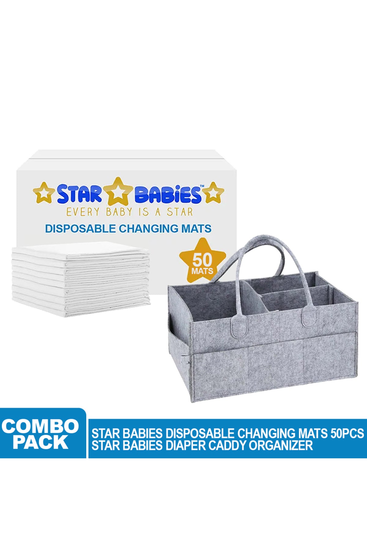Star Babies - Diaper Caddy Organizer with Disposable Changing Mat 50pcs - Grey