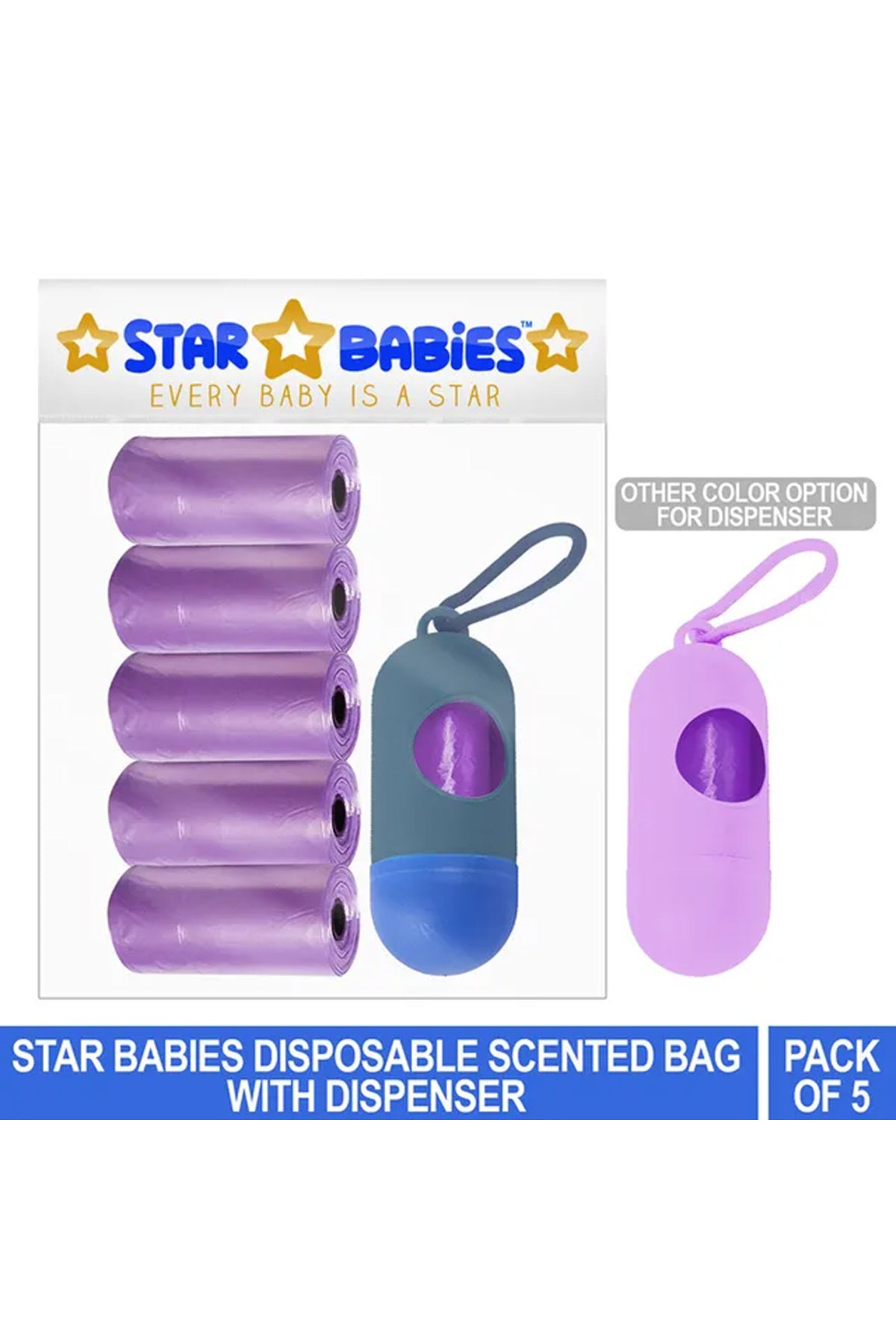 Star Babies - Scented Nappy Bag Pack of 5/75 Bags Lavender & Assorted Dispenser