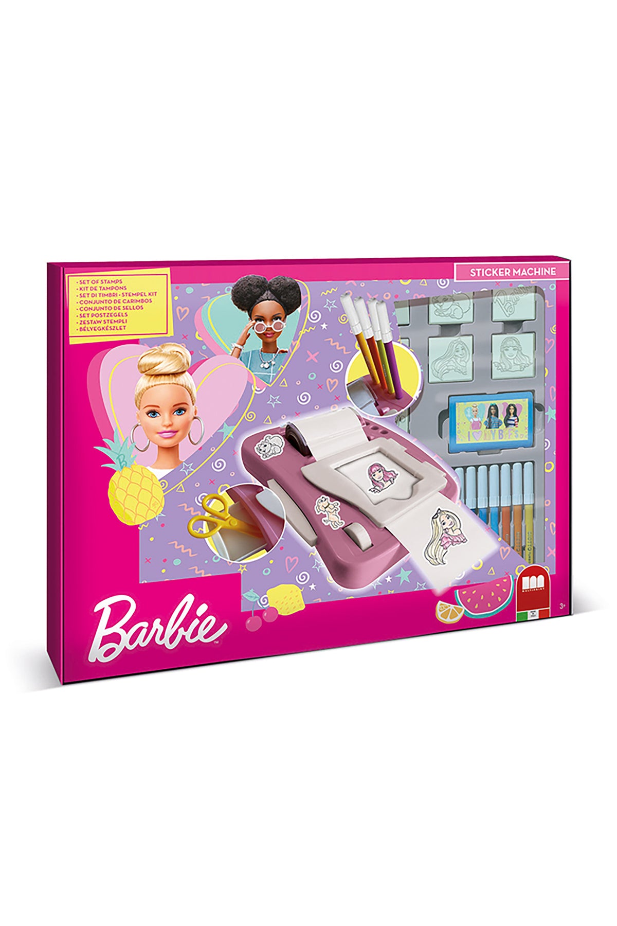Multiprint Barbie Sticker Machine – DIY Sticker Maker Set with 12 Markers, 7 Stampers, Ink Pad, Scissors & Album – Creative Craft Kit for Girls