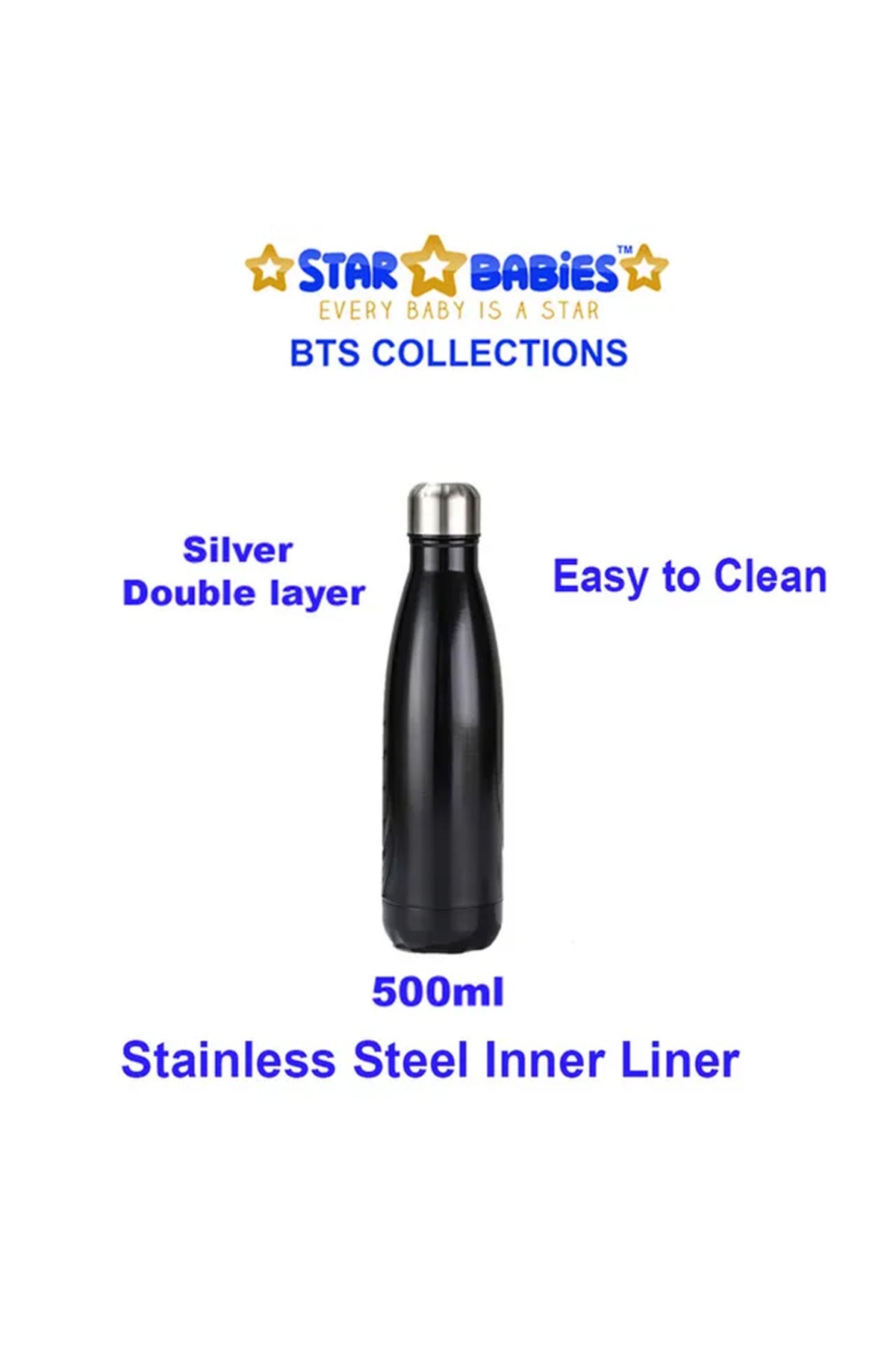 Star Babies - School Backpack With Eco Friendly Double Layer - BPA Free Lunch Box, Stainless Steel Water Bottle 500ml - Black