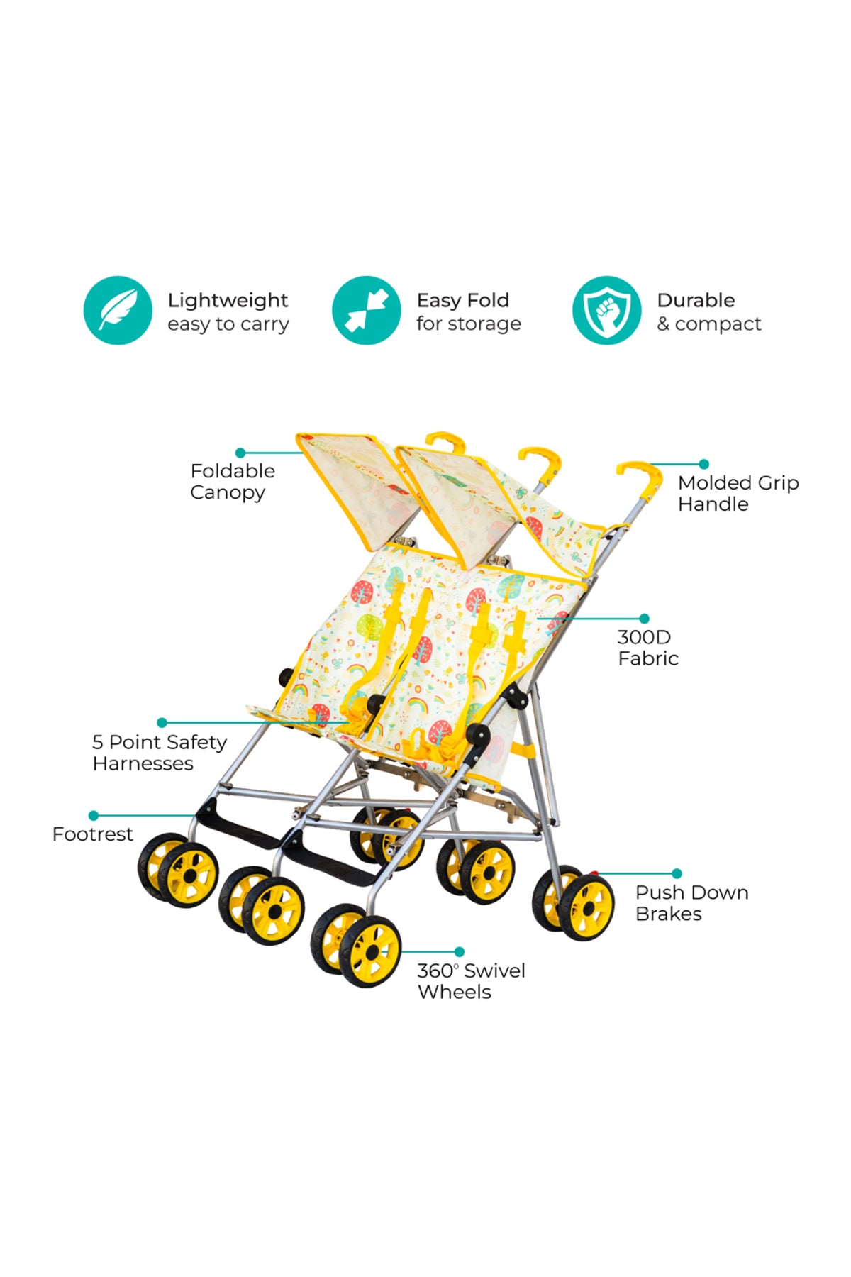 MOON Jet Plus Twin Buggy Lightweight Travel strollers -Umbrella Fold- up to 30Kg,6m+ - Yellow