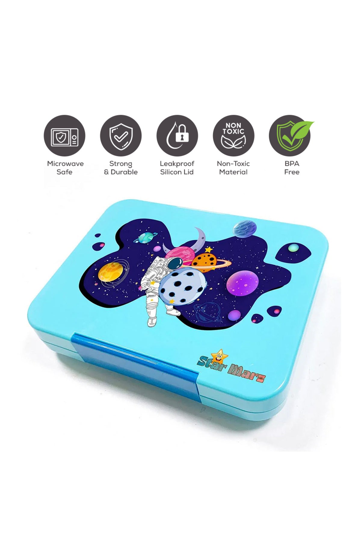 StarMarz - Blue Space Bento Glitter Lunch Box with Plastic Water Bottle Super Boy (480ml) - Blue
