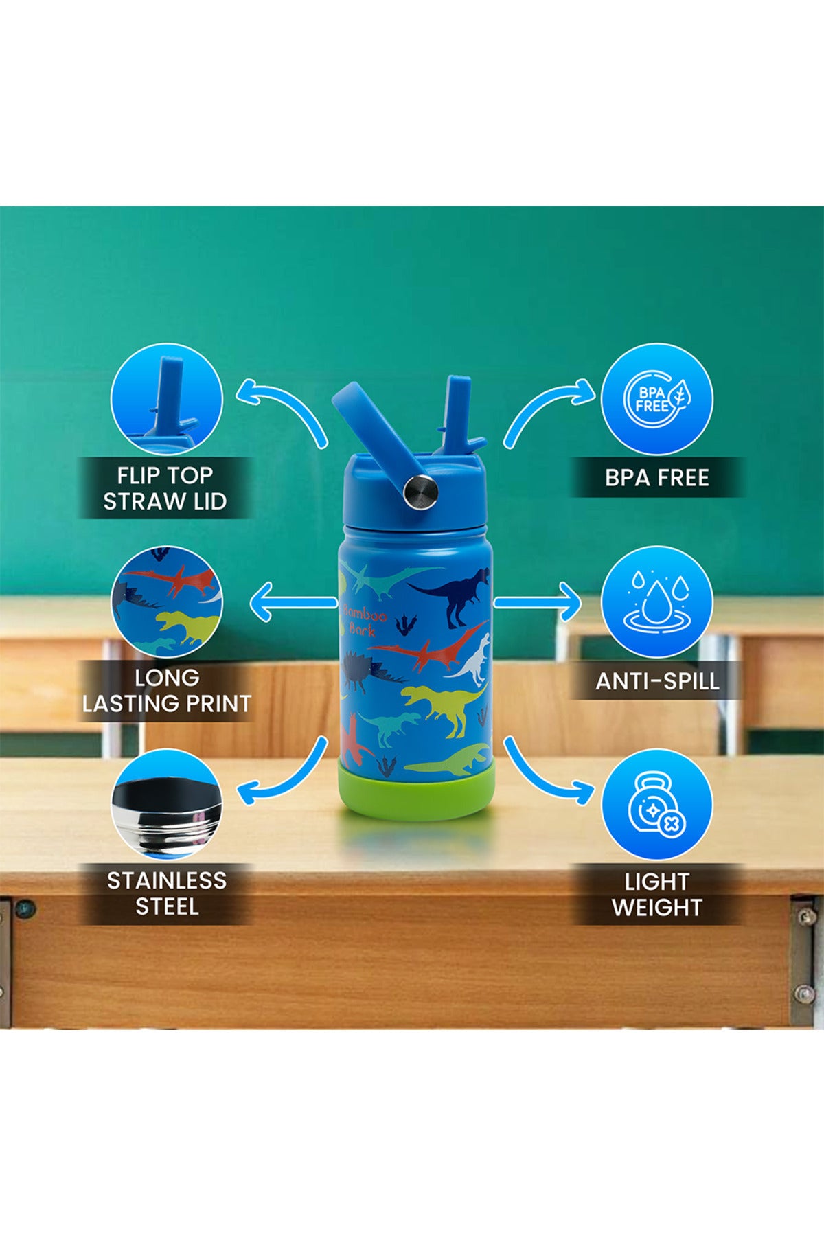 Bamboo Bark Insulated Water Bottle with Straw & Handle – Stainless Steel Double Wall Thermos Flask for Hot & Cold Water, Leak-Proof & Reusable Kids Water Bottle