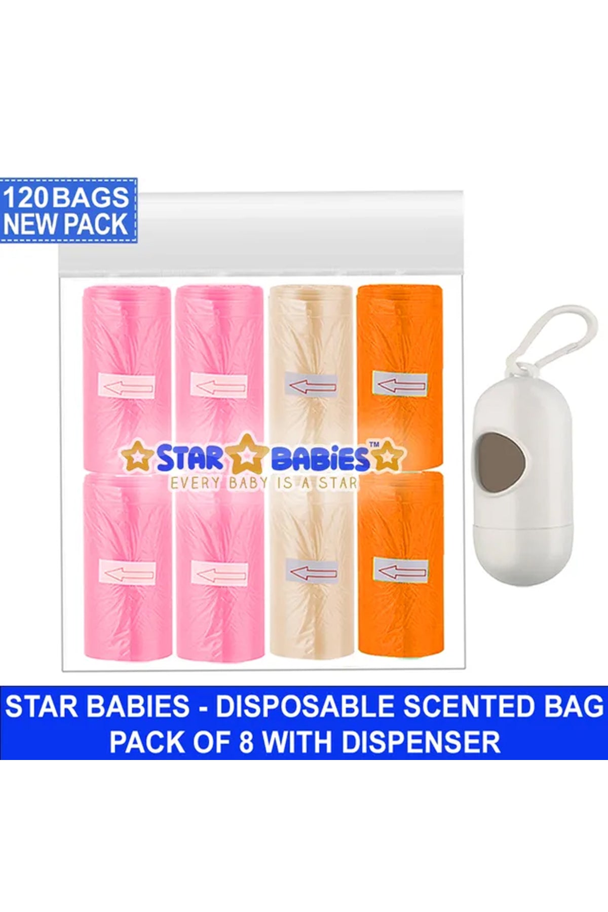 Star Babies - Scented Nappy Bag - 120 Pcs With Dispenser - Orange/Ivory/Pink