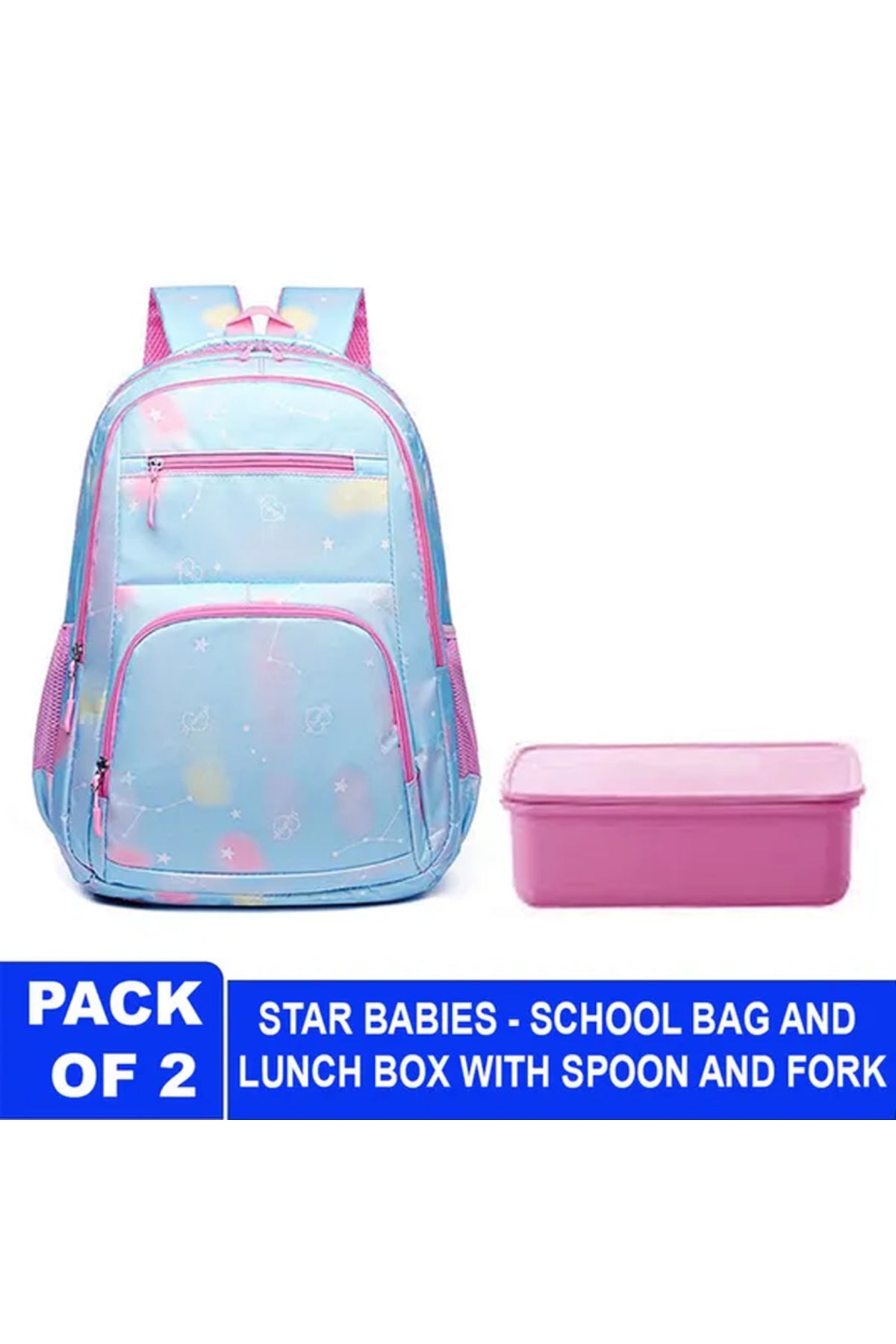 Star Babies - School Backpack With Eco Friendly Lunch Box With Spoon & Fork - Blue/Pink