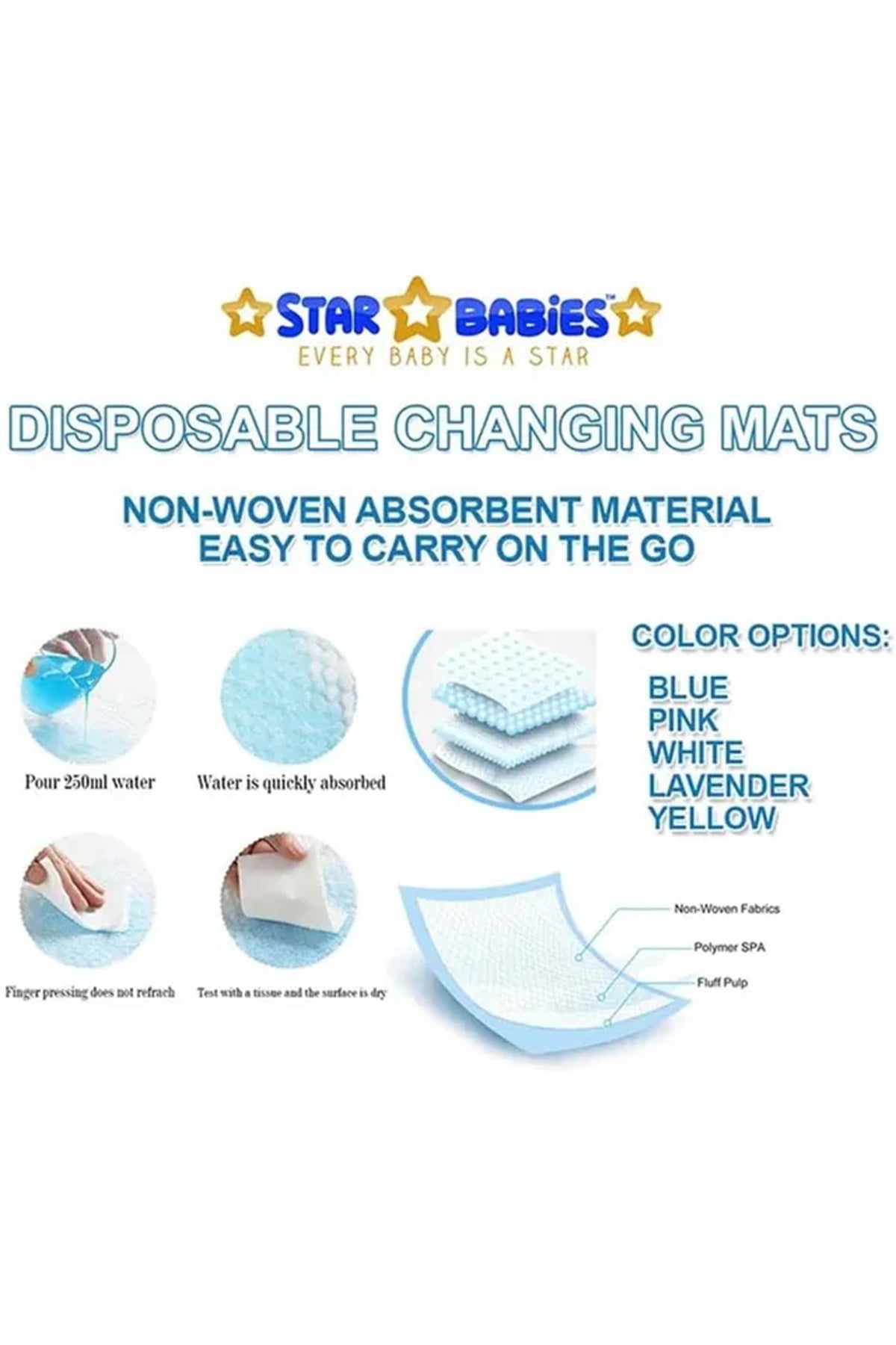Star Babies Disposable Changing Mats,Waterproof Baby Changing Pads, 33x45cm, Highly Absorbent Leakproof Changing Pad Baby, Pack of 50-Blue
