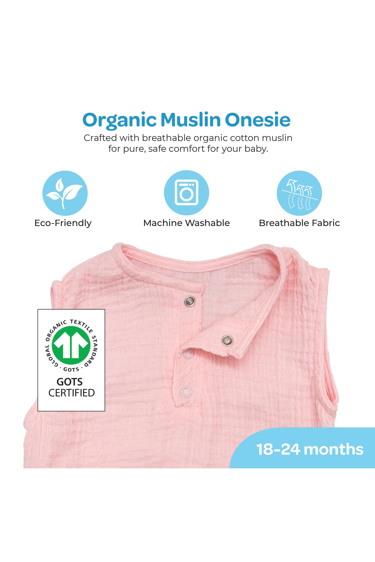 MOON Organic Crinkle Muslin Onesie (18-24 Months)-pink