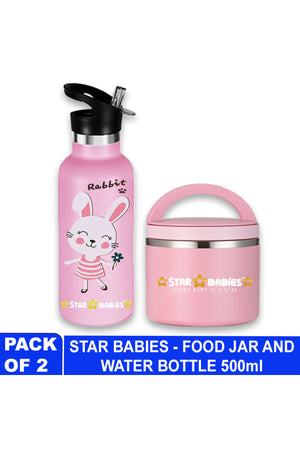 Star Babies Cute Rabbit Theme Anti Spil Stainless Steel 500ml Water Bottles, Vacuum Insulated Double Wall Travel Bottle with Leak-Proof hot and cold with a special Straw 3 to 6 Years-  Pink with food jar -Pink 500ml