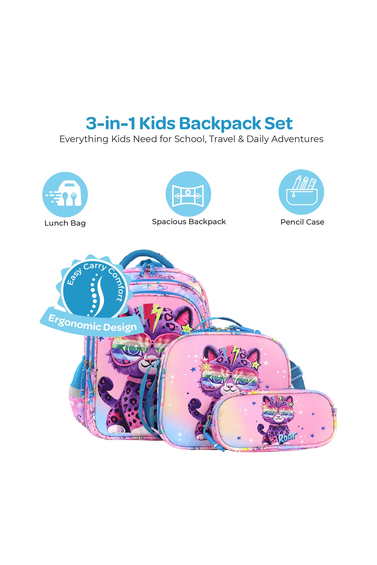 MOON  3 in 1 Kids Backpack  Set   - (16-Inch) Premium Kids School Bag with Lunch Bag & Pencil Case-Cat