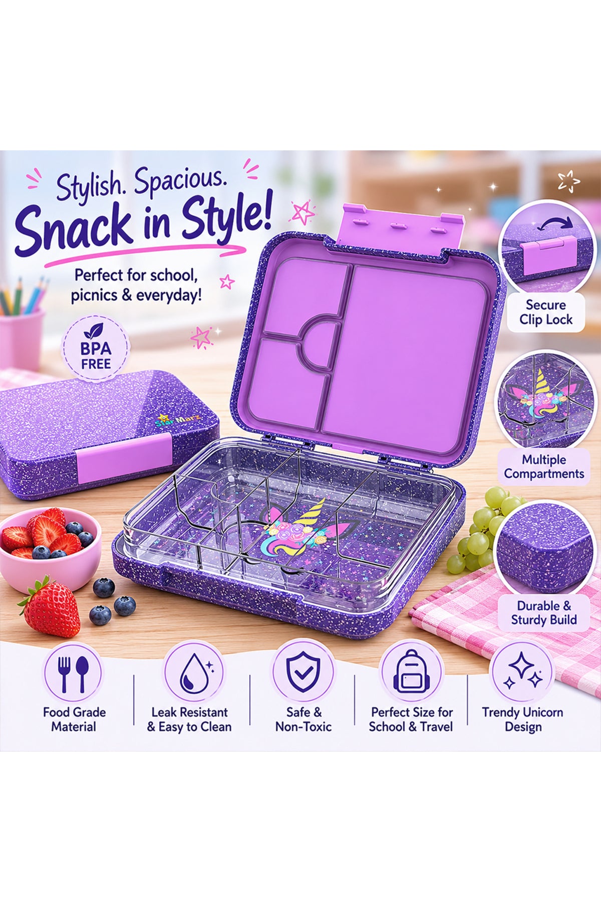 StarMarz Bento Glitter Lunch Box – Unicorn Theme – 4–6 Compartments, 1195Ml, Sandwich Cutters, Fruit Pickers & Detachable Tray – Multicolor