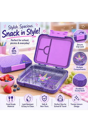 StarMarz Bento Glitter Lunch Box – Unicorn Theme – 4–6 Compartments, 1195Ml, Sandwich Cutters, Fruit Pickers & Detachable Tray – Multicolor