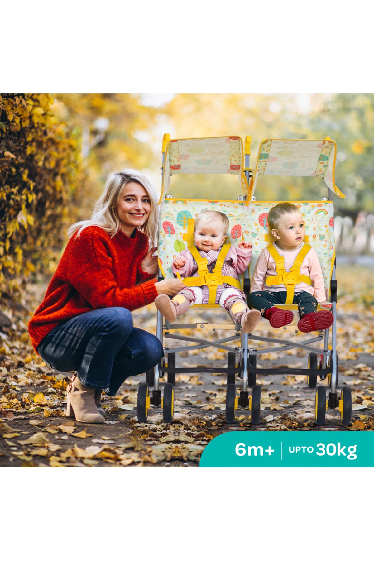 MOON Jet Plus Twin Buggy Lightweight Travel strollers -Umbrella Fold- up to 30Kg,6m+ - Yellow