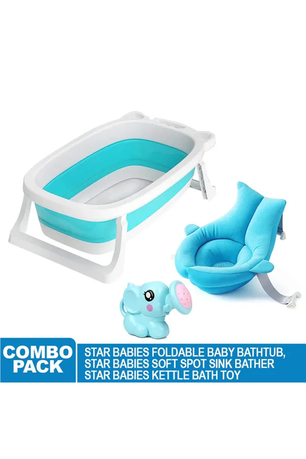Star Babies - Foldable Bathtub w/ Soft Spot Sink Bather & Kettle Toy - Blue