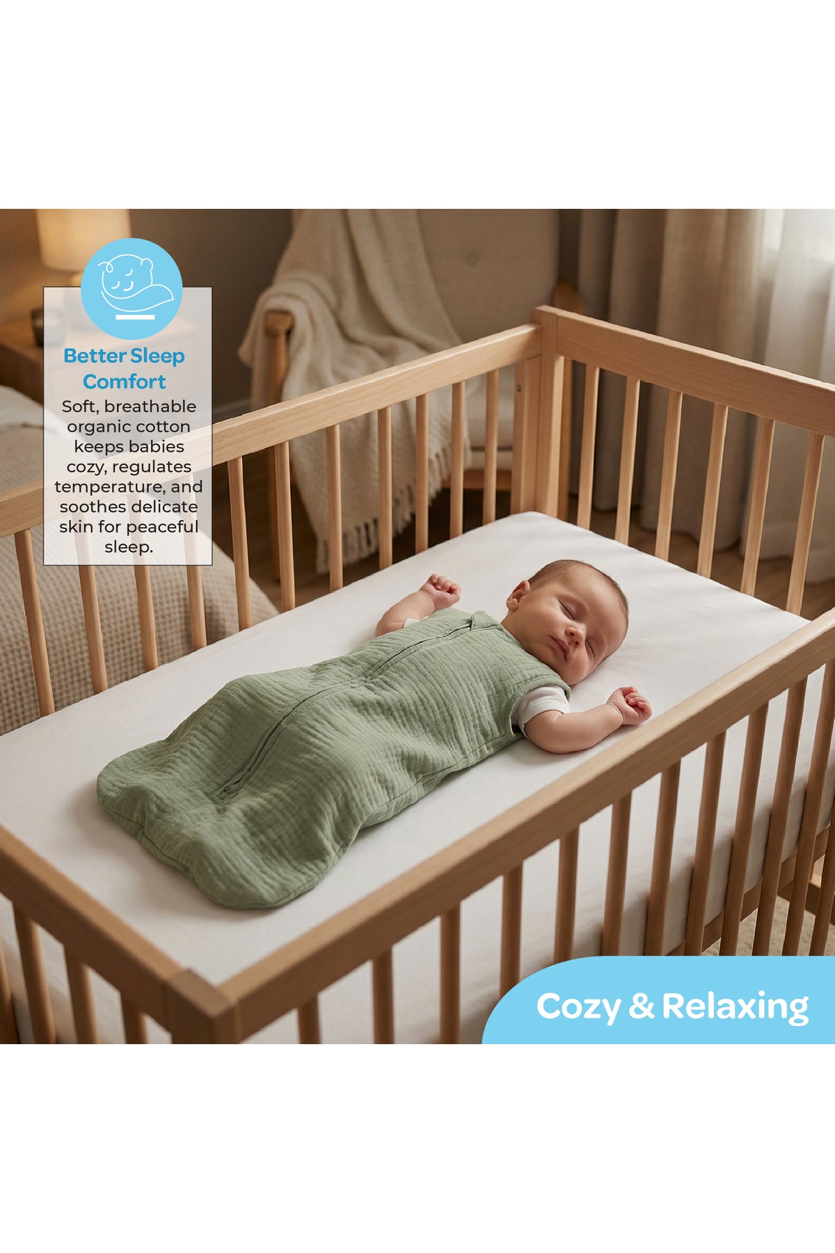 MOON Organic Crinkle Muslin Sleep sack  2.5 Tog (6-12Months )-Green