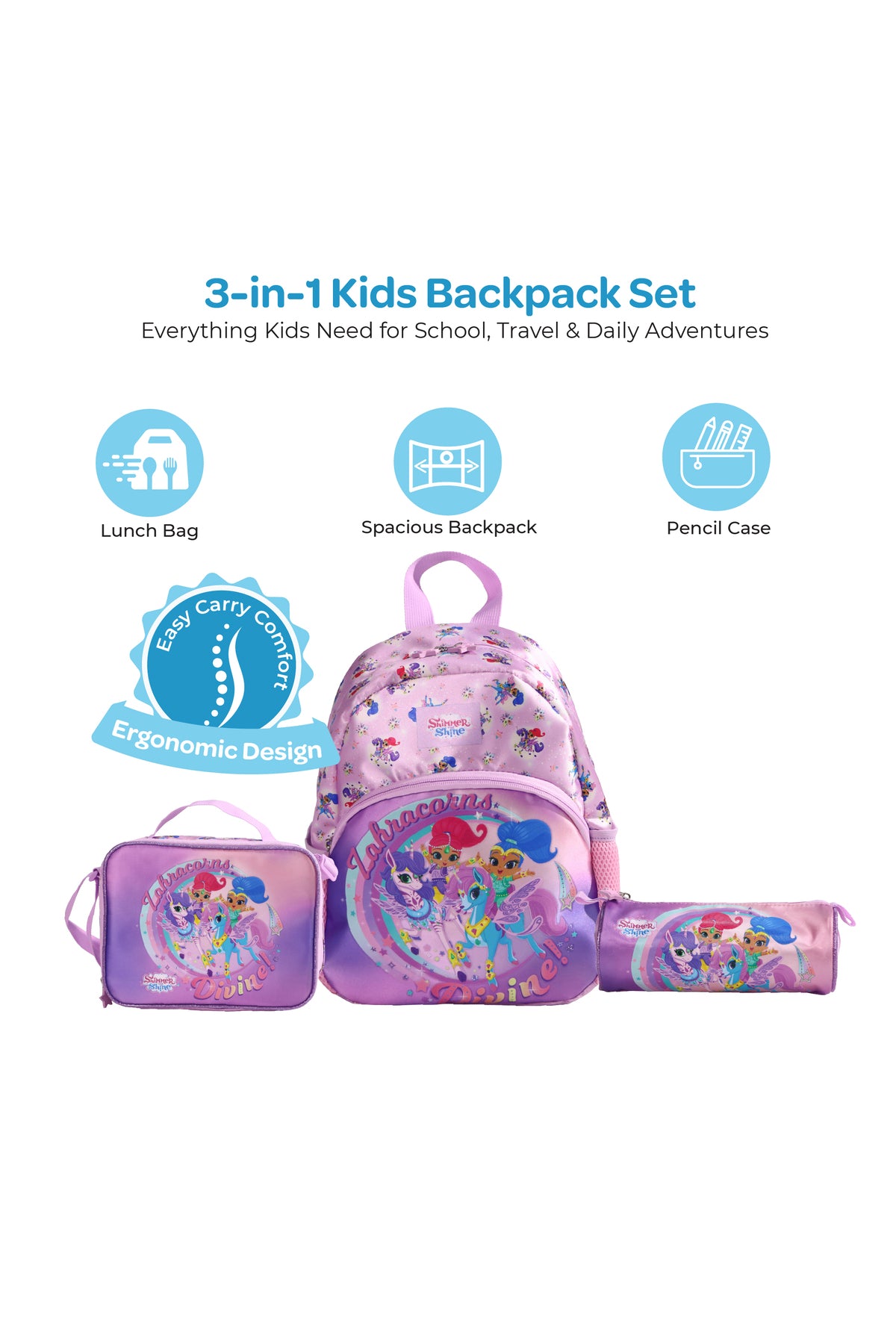 MOON Licensed Shimmer and Shine 3 in 1 KidsBackpack Set  - (13-Inch) Premium Kids School Bag with Lunch Bag & Pencil Case-Purple