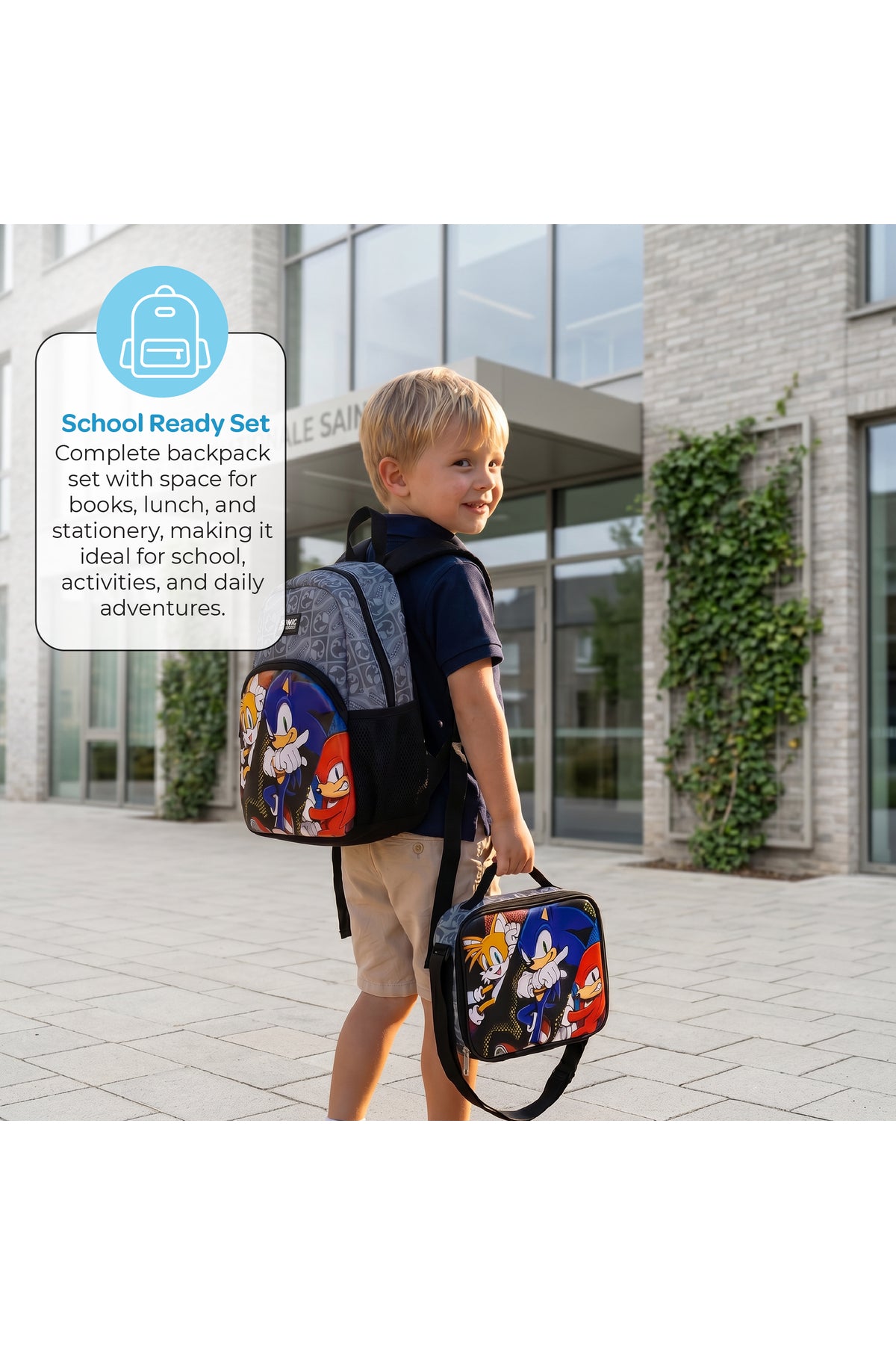 MOON Licensed SONIC  the Hedgehog 3 in 1 Kids Trolley Set   - (17-Inch) Premium Kids School Bag with Lunch Bag & Pencil Case-Black&Grey