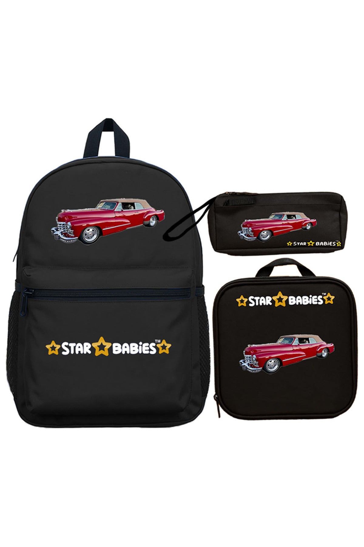Star Babies 16-Inch Car Themed Children's Backpack with Adjustable Shoulder Strap for Hiking Large with Bento Lunch Bag and Dual Zipper Pencil Case Pack of 3