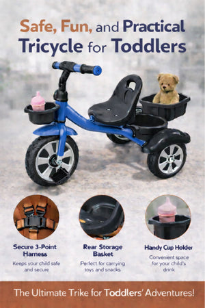 StarMarz Toddler 3-Wheel Tricycle Ride-On Toy with Safety Seat, Cup Holder & Rear Storage Basket - Blue