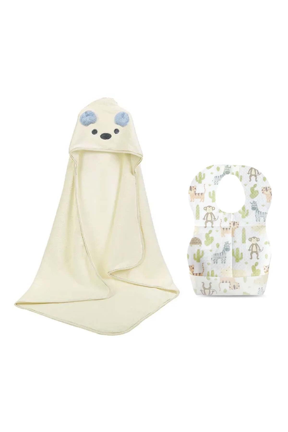 Star Babies - White Microfiber Hooded Towel w/ Disposable Bibs 10pcs - Animal Print