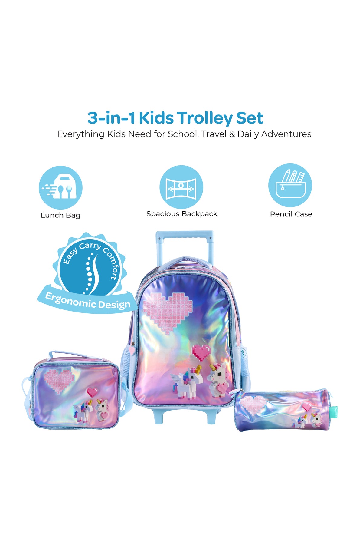 MOON Unicorn 3 in 1 Kids Trolley Set    - (16-Inch) Premium Kids School Bag with Lunch Bag & Pencil Case- Pink &Blue