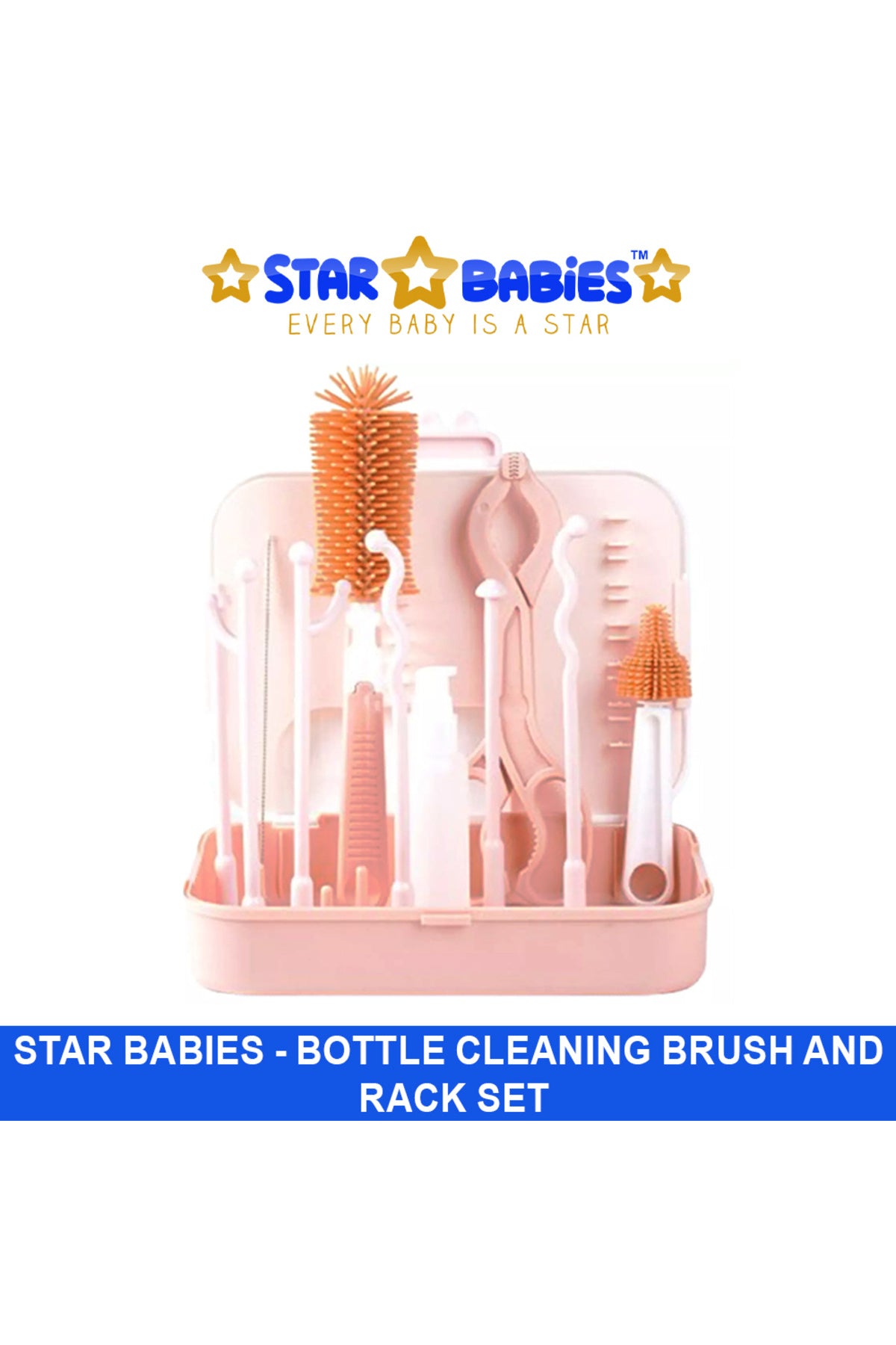 Star Babies - 7-In-1 Baby Bottle Cleaning Brush & Rack Travel Set - Pink