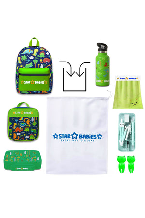 Star Babies Set of 4 – Jungle Green Theme 16" School Bag, 4-Compartment Lunch Box, Insulated Lunch Bag, 500ml Water Bottle