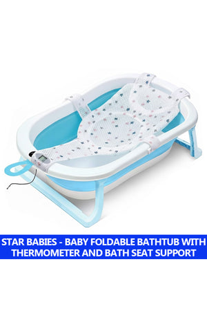 Star Babies - Baby Foldable Bathtub With Thermometer & Bath Seat Support Net, Set - Blue - Pack of 2