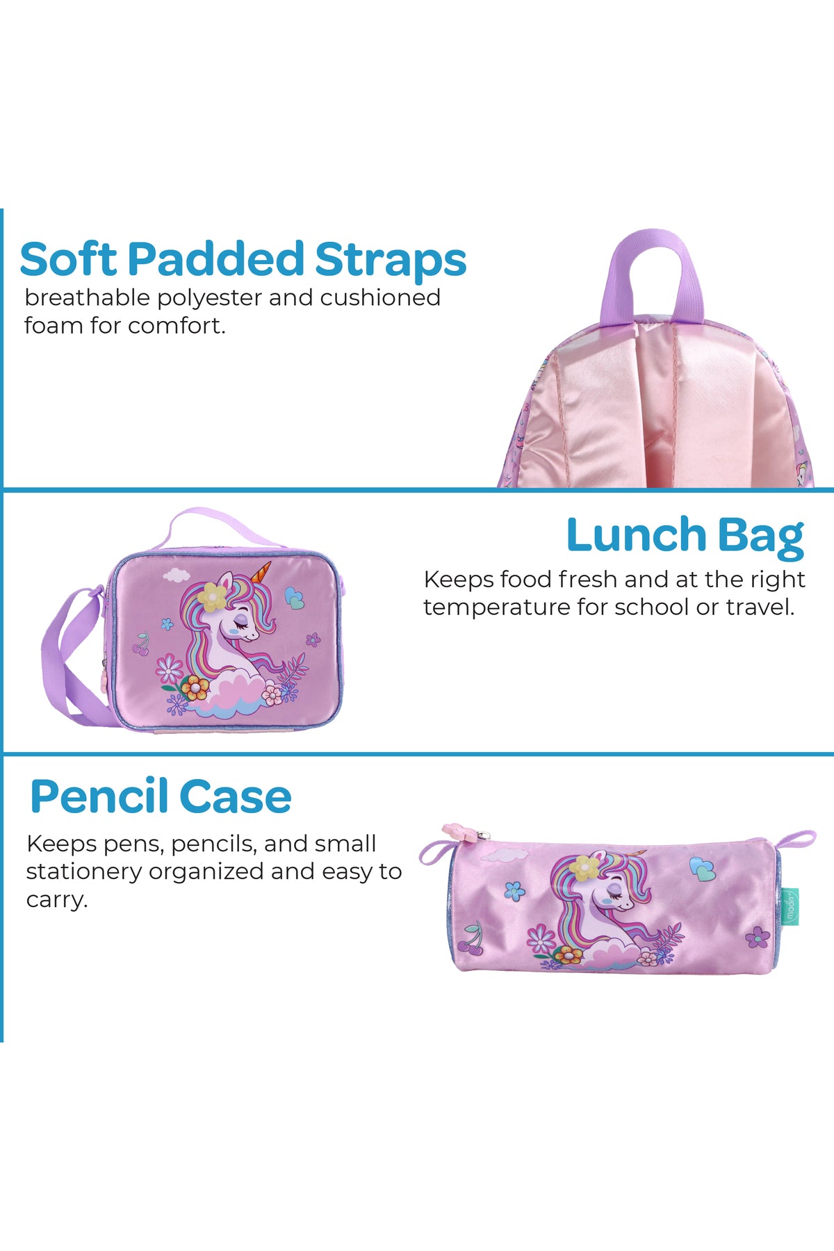 MOON UNICORN  3 in 1 KidsBackpack Set  - (13-Inch) Premium Kids School Bag with Lunch Bag & Pencil Case-Purple