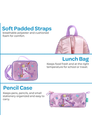 MOON UNICORN  3 in 1 KidsBackpack Set  - (13-Inch) Premium Kids School Bag with Lunch Bag & Pencil Case-Purple
