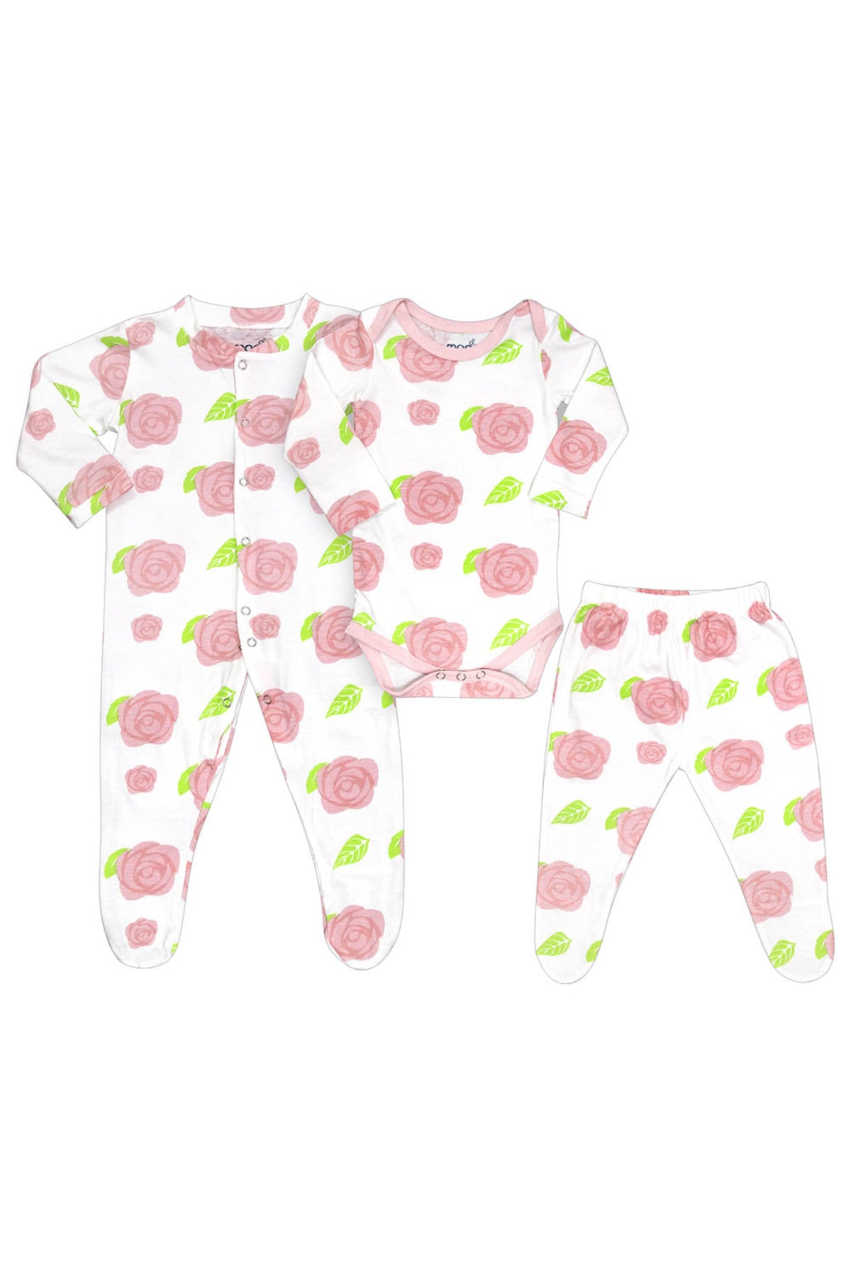 MOON Organic Baby 3 in 1 Gift Set- Romper-Body Suit-Jogger for 12-18 Months - Rose Print