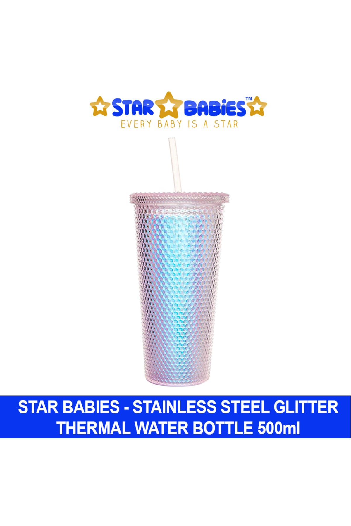 Star Babies - Shiny Bling Glitter Dimond Bottle With Lid And Straw - Multicolor - 750ml