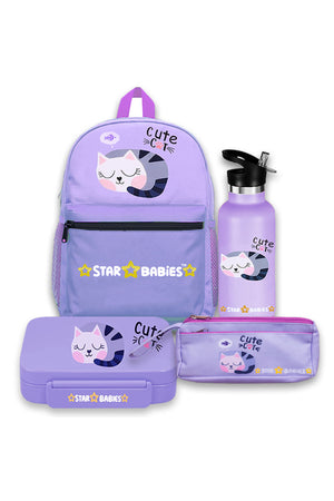 Star Babies 16-Inch Cute CAt Themed Children's Backpack with 5 compartment Bento lunch box , Stainless steel water bottle and Dual Zipper Pencil Case