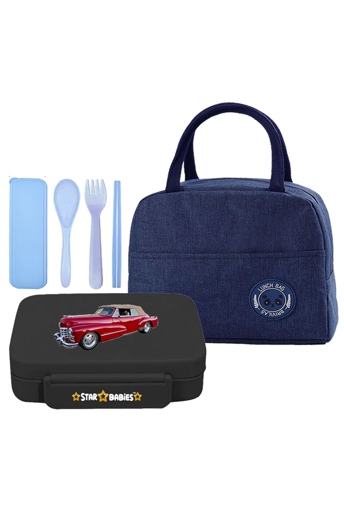 Star Babies Insulated Mini Lunch Bag with 5 Compartment Lunch Box and Fork-Spoon Set- Blue