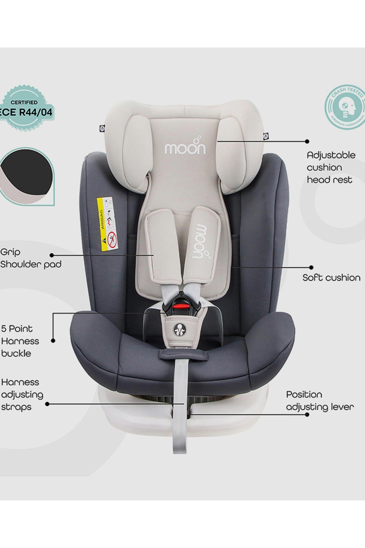 MOON GYRO Baby Car Seat for Child Group 0+/1/2/3 (0-36 kg/0-12 Year) ISOFIX+ Top Tether Rotation 360° Grey