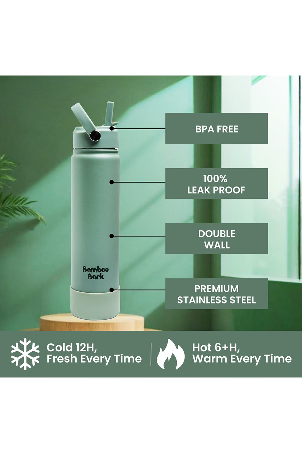 Bamboo Bark 750 ML Insulated Water Bottle with Sipper Lid – Stainless Steel Double Wall Vacuum Flask for Hot & Cold Water Leak-Proof, Reusable Sports Thermos Bottle - (Dull Sage Green)