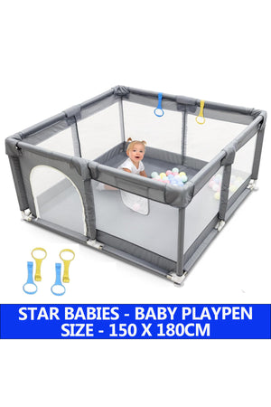 Star Babies - Baby Playpen With 4 Pull-Up Rings - Dark Grey - 180 x 150 cm