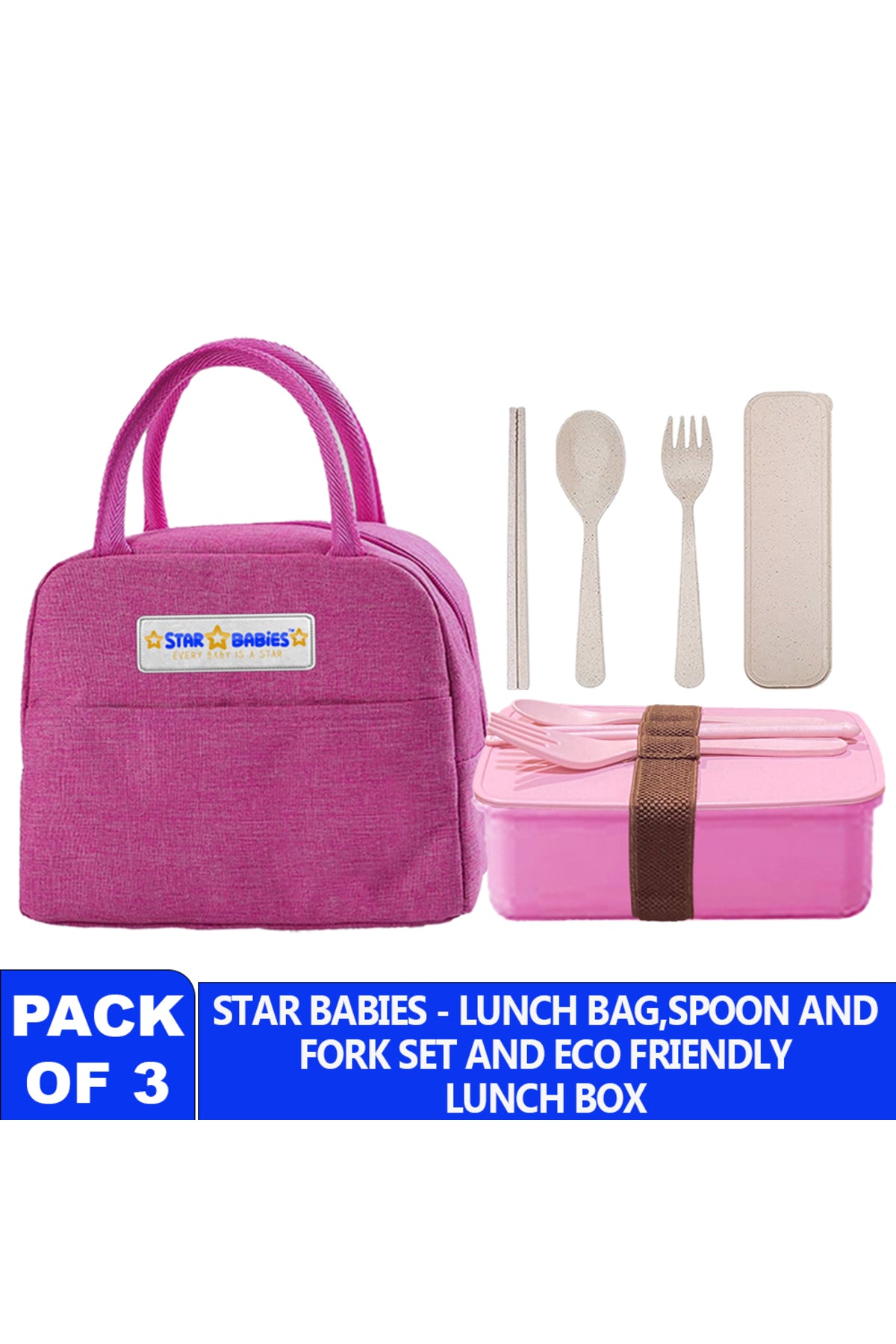 Star babies pack of 3 combo -  Insulated lunch bag with single compartment lunch box and organic cuttlery set.