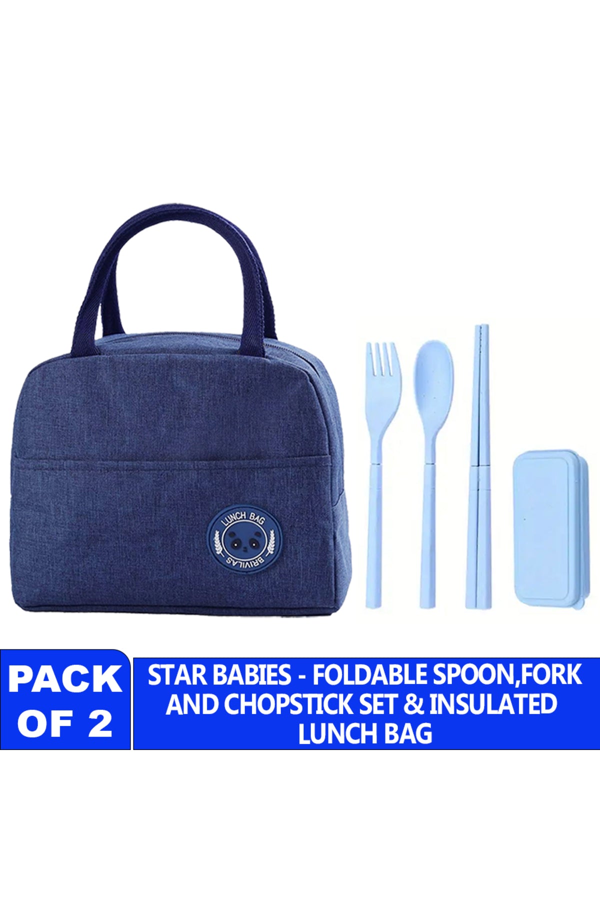 Star Babies Insulated Mini Lunch Bag with Foldable Fork- Spoon Set Blue