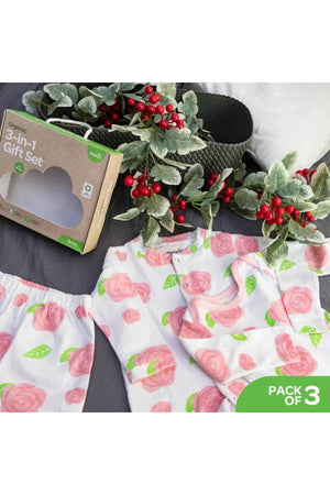 MOON Organic Baby 3 in 1 Gift Set- Romper-Body Suit-Jogger for 6-9 Months - Rose Print