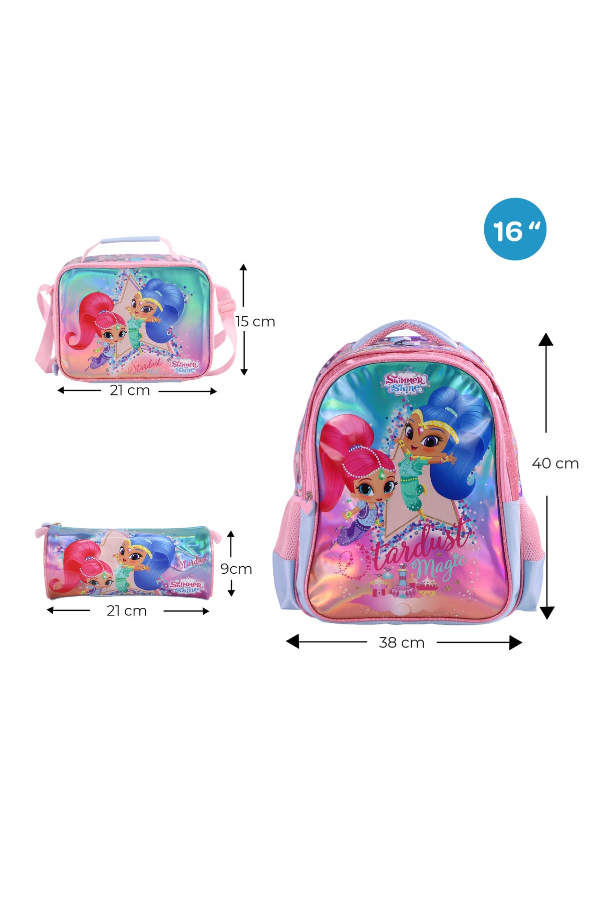 MOON Licensed  SHIMMER & SHINE  3 in 1 Kids Backpack Set  - (16-Inch) Premium Kids School Bag with Lunch Bag & Pencil Case-Pink&Blue