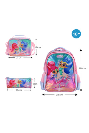 MOON Licensed  SHIMMER & SHINE  3 in 1 Kids Backpack Set  - (16-Inch) Premium Kids School Bag with Lunch Bag & Pencil Case-Pink&Blue